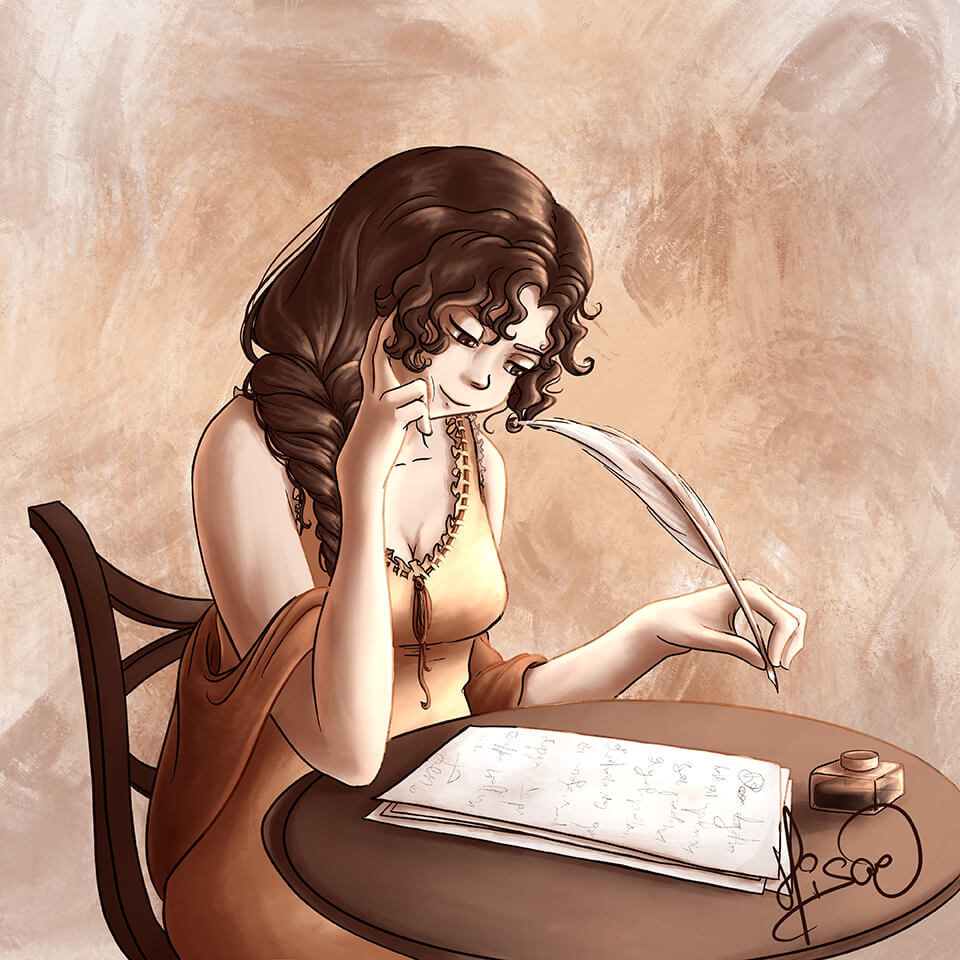Dessin numérique représentant Little Jane, l'avatar dessiné de Jane Austen, à sa table de lecture en train d'écrire une lettre. @Hisae illustrations
