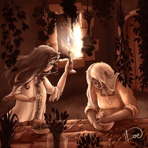 Dessin numérique représentant Little Jane en compagnie d'une sorcière qui pile des plantes avec un mortier alors que le feu des bûchers brûle à l'extérieur @Hisae illustrations
