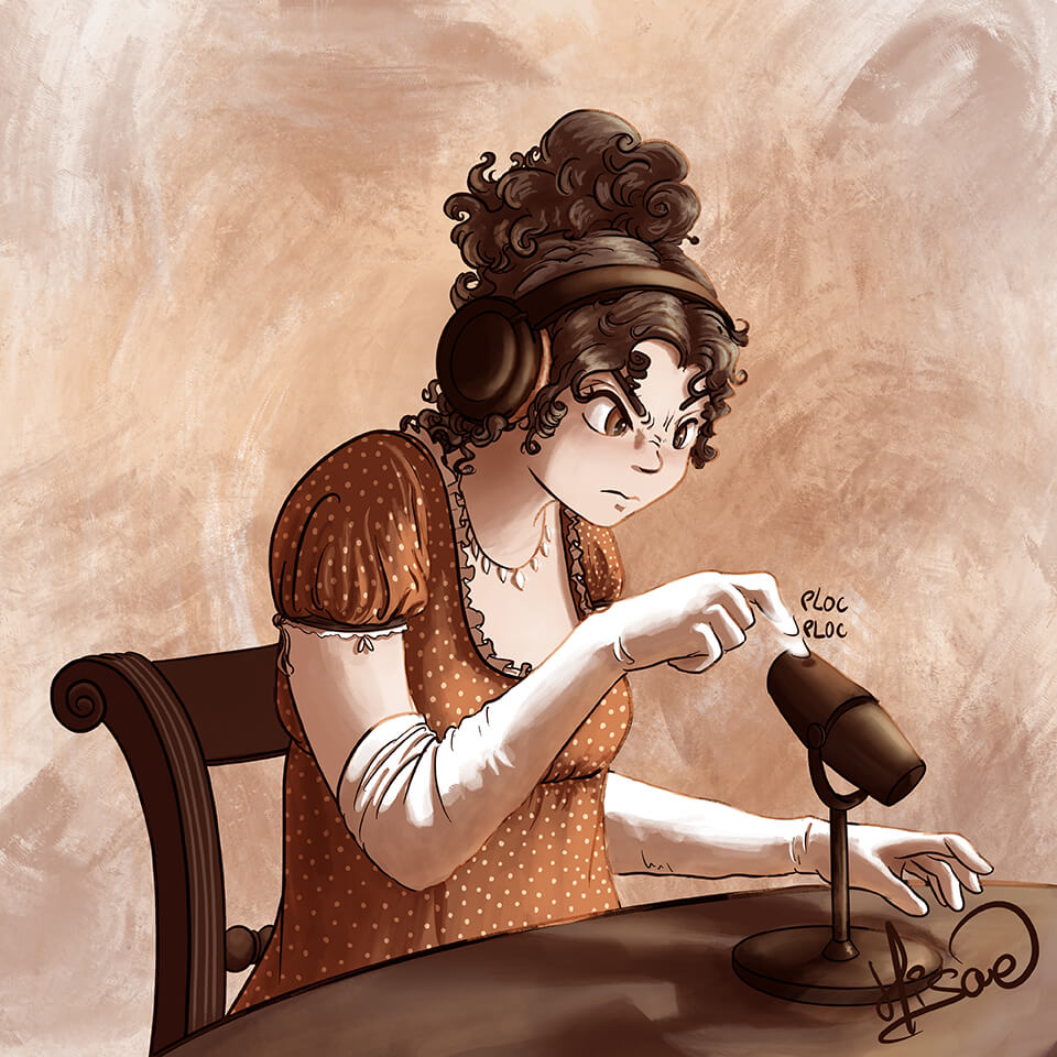 Dessin numérique représentant Little Jane, l'avatar dessinée de Jane Austen, en train de tester un micro avant l'enregistrement du podcast "Culture et préjugés" @Hisae illustrations