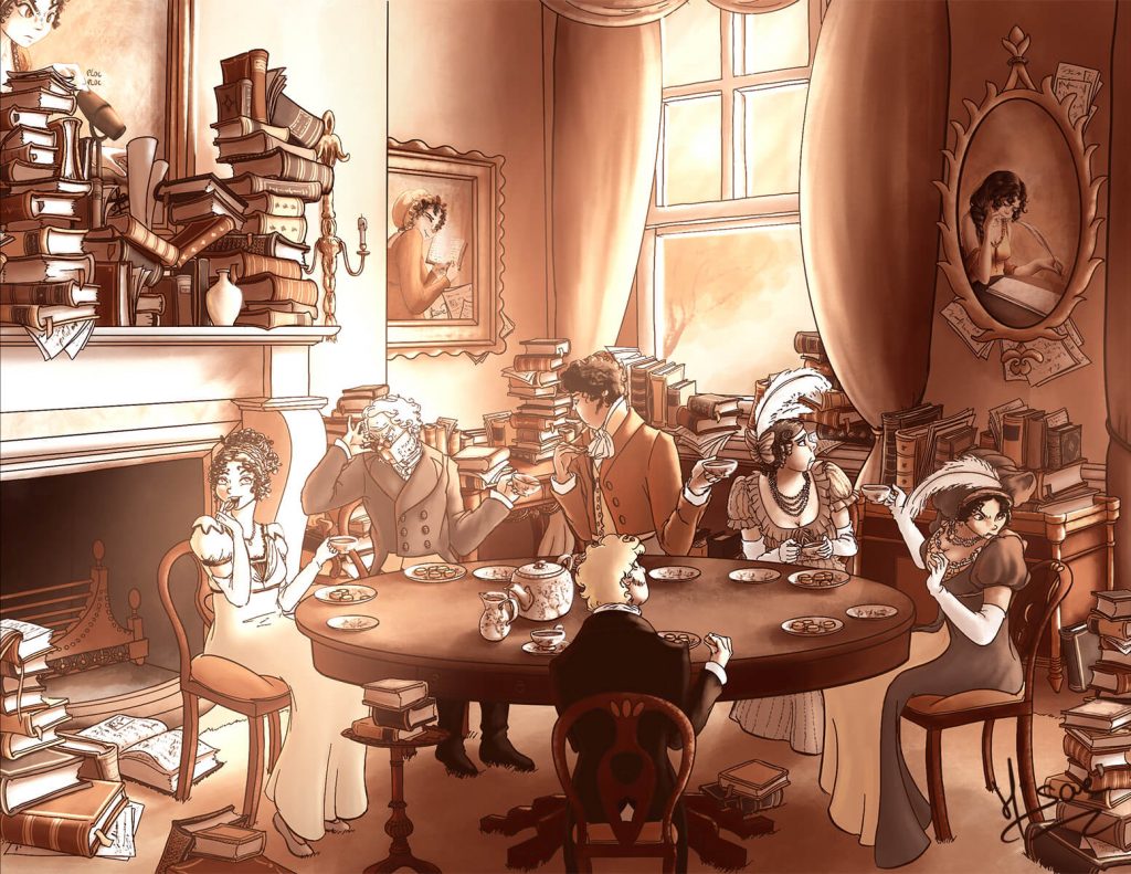 Image d'accueil du podcast "Culture et préjugés" représentant une des hommes et femmes de la bourgeoisie anglaise du XIXe siècle (type Jane Austen) en train de prendre le thé dans une pièce remplie de livres @Hisae illustrations