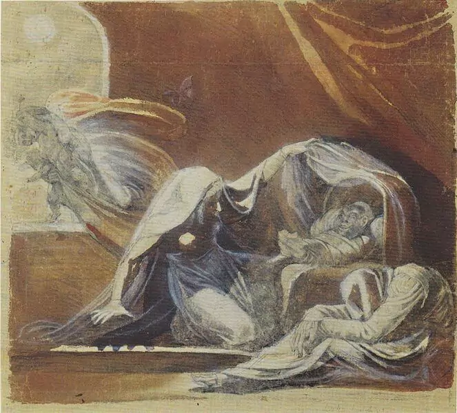 Tableau de Füssli représentant le changeling ou l'échange de bébé par les fairies (fusain et aquarelle sur papier, 1780)