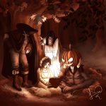 Dessin numérique pour l'épisode 3 du podcast "Culture et préjugés" sur les origines d'Halloween: Little Jane lit un livre sur Samhain en compagnie de la Banshee, du Dullahan le cavalier sans tête et de Jack O'lantern @Hisae illustrations