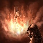 Dessin numérique représentant une femme accusée de sorcellerie brûlant sur le bûcher pendant que son amie pleure @Hisae illustrations