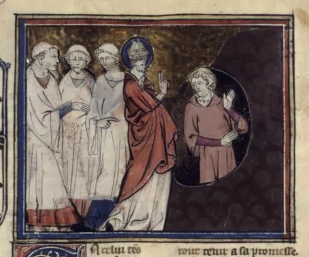 Enluminure du XIVe siècle représentant saint Patrick prêchant devant l'entrée du Purgatoire, BnF, Francais 183 folio 242v @BnF