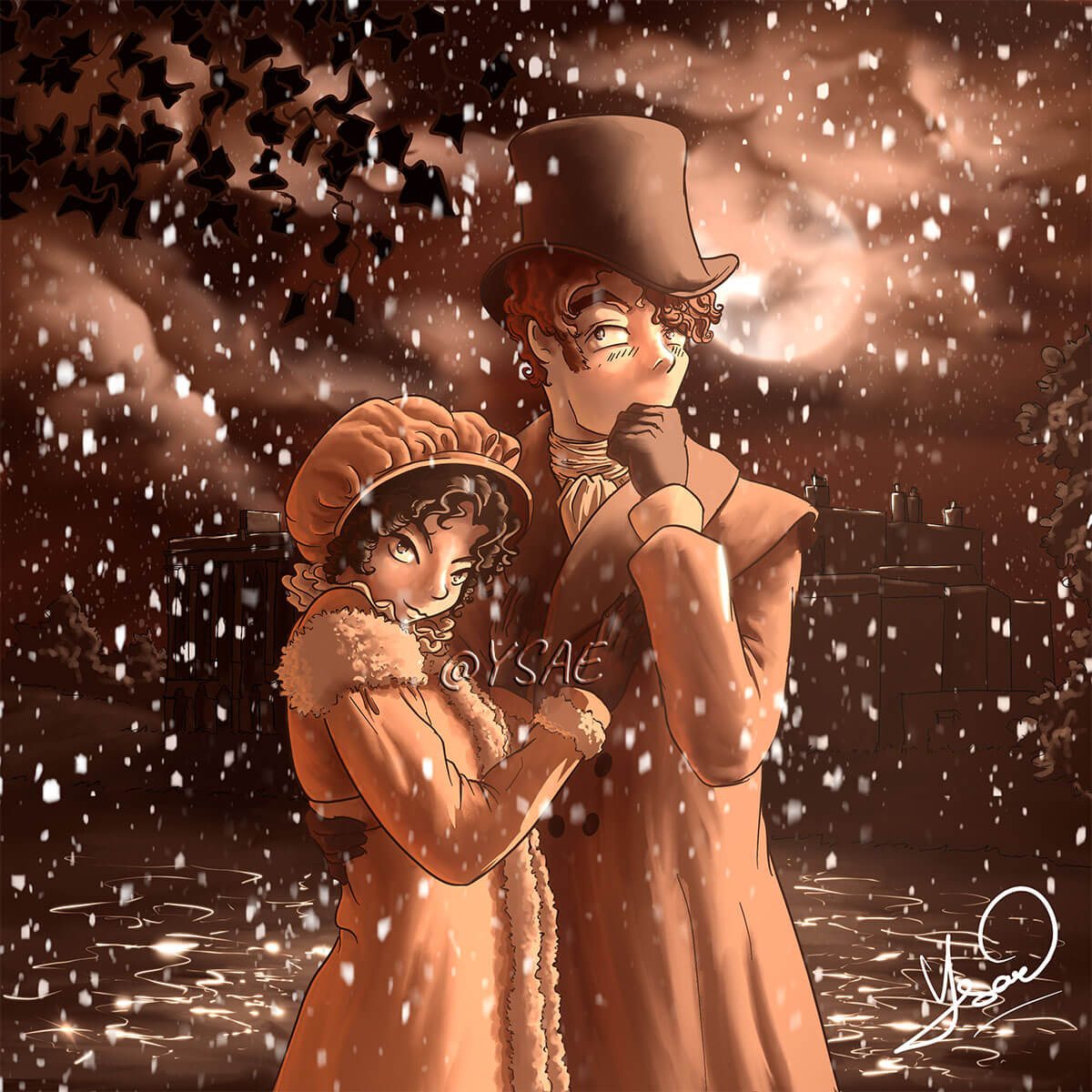 Dessin numérique pour l'épisode 4 représentant Little Jane et Mr Darcy, sous la neige, devant Pemberley @Ysae