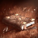 Dessin numérique représentant un manuscrit médiéval à la couverture en cuir posé dans l’herbe d'une forêt, sur des flèches @Ysae illustrations