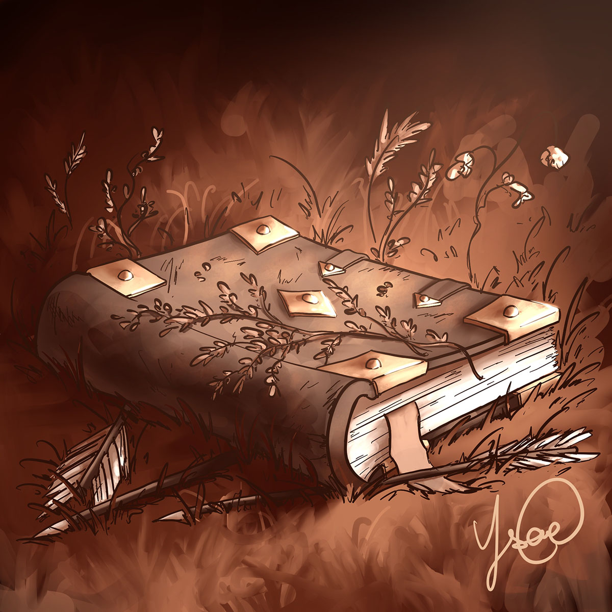 Dessin numérique représentant un manuscrit médiéval à la couverture en cuir posé dans l’herbe d'une forêt, sur des flèches @Ysae illustrations