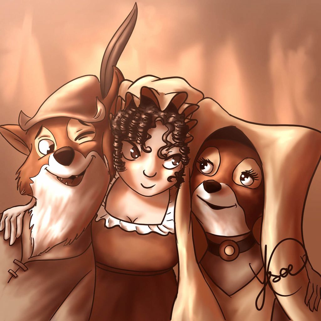 Dessin numérique représentant Little Jane, l'avatar de Jane Austen, qui embrasse Robin des bois et Marianne, les deux renard du dessin animé de Disney @Ysae illustrations