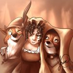 Dessin numérique représentant Little Jane, l'avatar de Jane Austen, qui embrasse Robin des bois et Marianne, les deux renard du dessin animé de Disney @Ysae illustrations