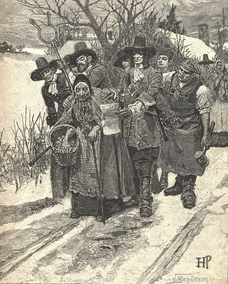 Arrestation d'une sorcière à Salem, illustration d'Howard Pyles tirée du "Harpers new monthly magazine", vol 67, 1883