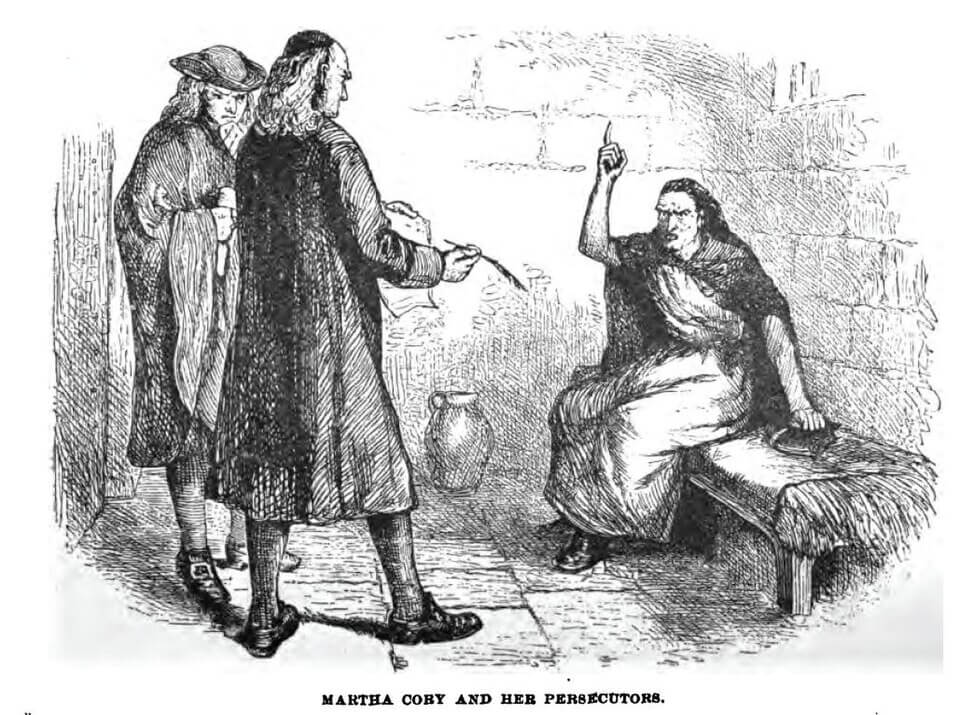 Martha Cory emprisonnée, gravure tirée de "Stangers illustrated guide to boston and its suburb" par James Stark (1883)