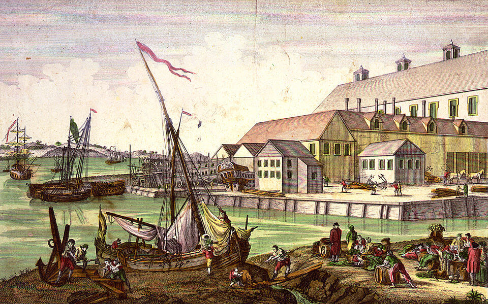 Salem mass shipping colonial in the 1770'. Gravure de Balthasar Leizelt tiré de "The amecian revolution in drawings and prints"