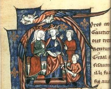 Enluminure représentant Henri II Plantagenêt et Aliénor d'Aquitaine, souverains d'Angleterre écoutant Gautier Map leur raconter l'histoire de Lancelot du Lac. Tiré du manuscrit FR 123, fol. 229 (1301) @BnF