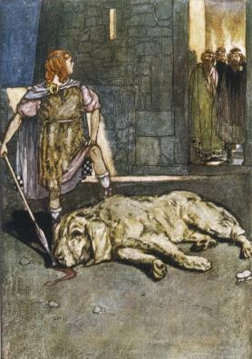 Cuchulainn devant la dépouille du chien de Culan par Eleanor Hull. Extrait de "The boys' Cuchulain" (1904).