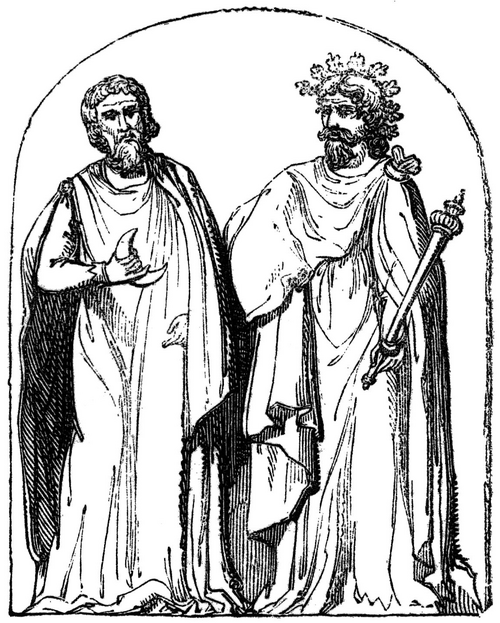 Deux druides. Reproduction du XIXe siècle d'une gravure du XVIIIe siècle elle-même reproduisant un bas-relief d'Autun. Tiré de "The history of british costume" (1836) par J.R. Planché