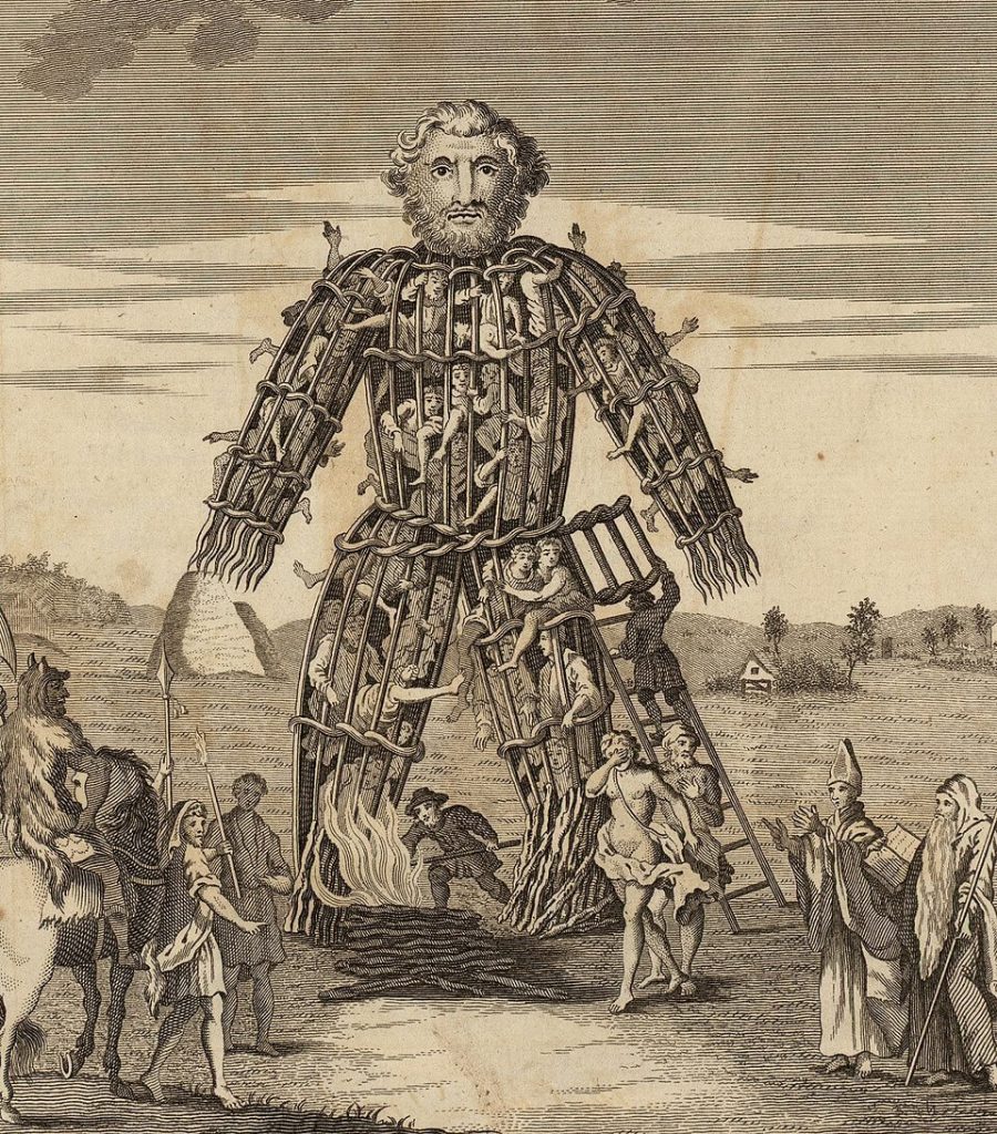 Représentation fantasmée des mannequin de paille immolés par les druides. Tiré de "A tour of Wales" par Thomas Pennant (1773-1776)