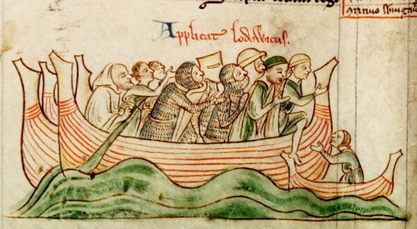 Débarquement de Louis VIII, fils de Philippe Auguste, en Angleterre dans Chronica majora de Matthew Paris, Cambridge Corpus Christi College, MS 16 II fol. 50v