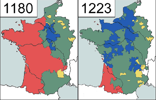 Cartes comparatives des possessions anglaises sur le territoire Français pendant le règne de Philippe Auguste entre 1180 et 1223. En rouge, les territoires anglais, en bleus, ceux de la couronne de France, en vert les fiefs vassaux du roi de France, en jaune les territoires appartenant à l'Église.