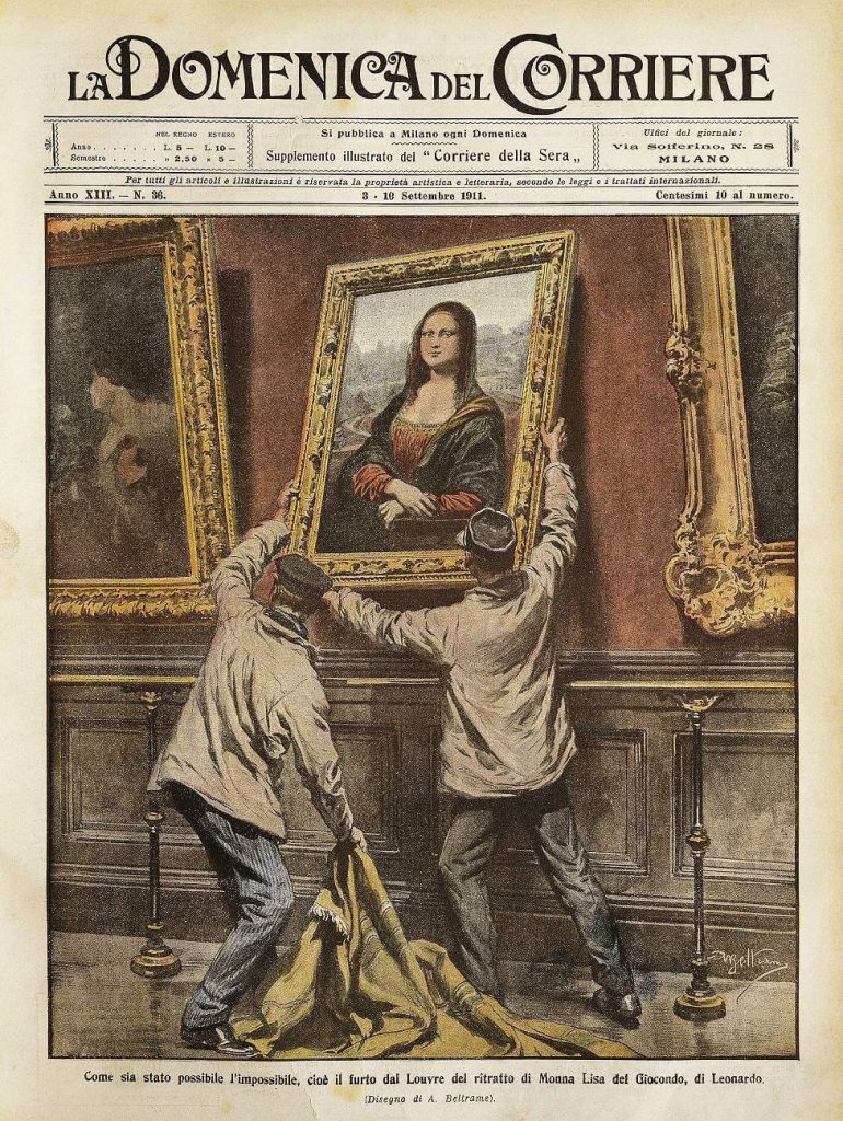 Dessin du vol de la Joconde par Achille Beltrame (1871-1945) paru dans La Domenica del Corriere, numéro du 3 au 10 septembre 1911 @Getty image