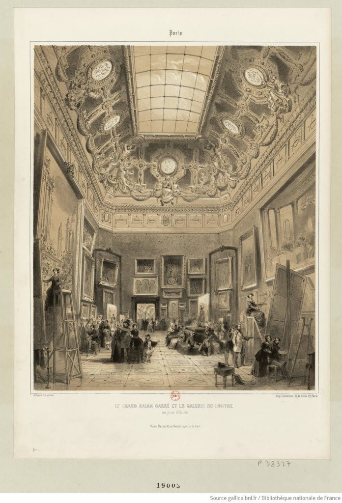 "Le grand Salon Carré et la galerie du Louvre un jour d'étude", lithographie par A. Provost @Gallica