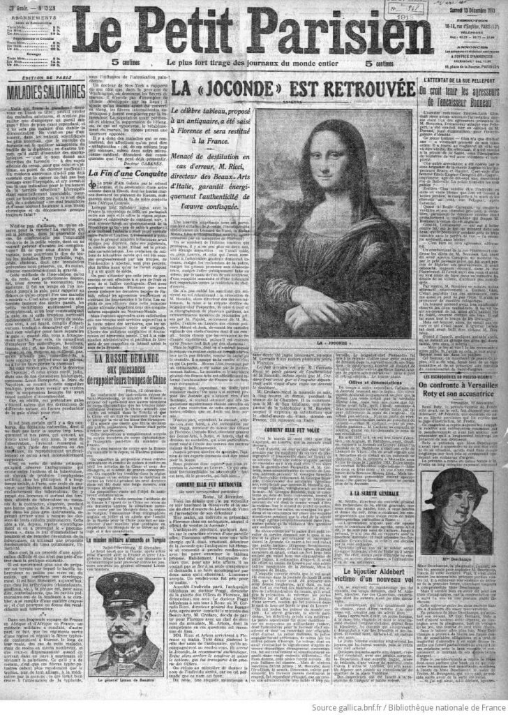 Une du journal Le petit parisien du13 décembre 1913 annonçant que la Joconde a été retrouvée