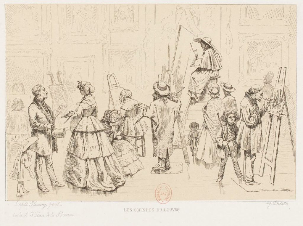 "Les copistes du Louvre" par Léopold Flameng dans Paris qui va, Paris qui vient: publication littéraire et artistique (1860) @BnF