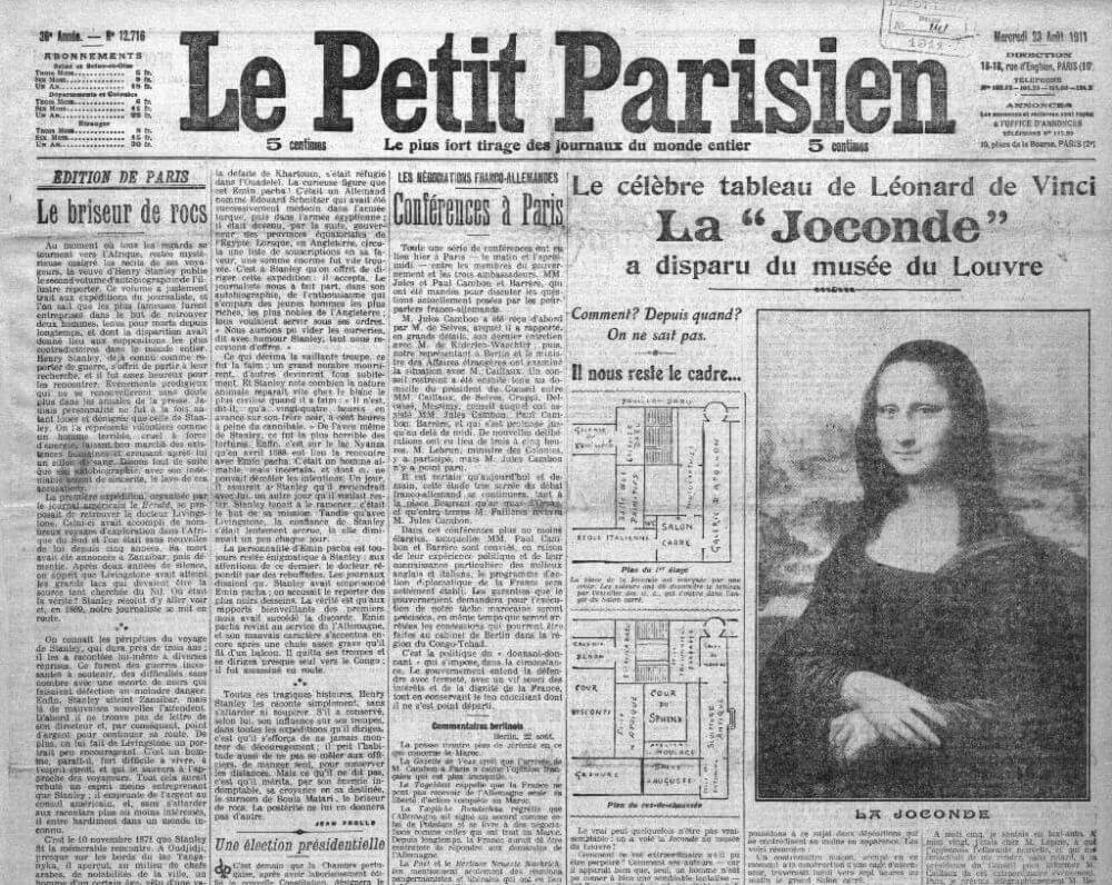 Une du journal Le petit parisien du 23 août 1911 @Gallica