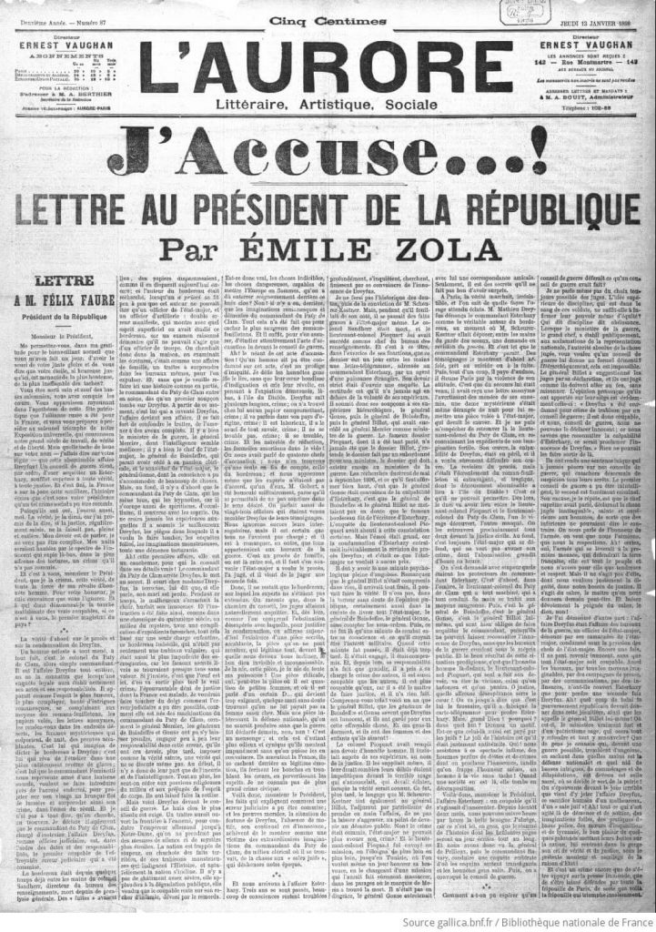 Article "J'accuse" d'Émile Zola dans le journal "L'Aurore" du 13 janvier 1898.